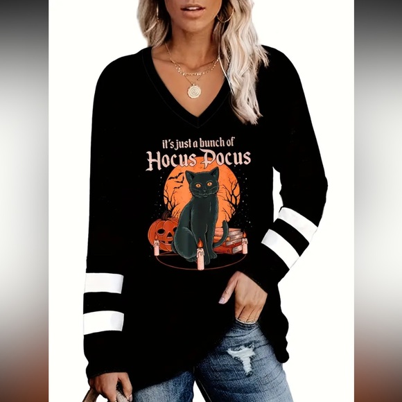 🐈‍⬛ Hocus Pocus Cat Print Long Sleeve Striped V Neck T-Shirt - Picture 1 of 10